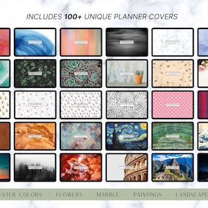 Puede incluir: Una colecci&oacute;n de m&aacute;s de 100 cubiertas de planificador &uacute;nicas que presentan diversos dise&ntilde;os, incluyendo acuarelas, flores, m&aacute;rmol, pinturas y paisajes. Las cubiertas se muestran en un formato de cuadr&iacute;cula, mostrando la diversidad de estilos disponibles.