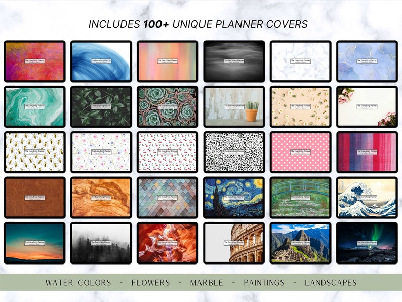 Puede incluir: Una colecci&oacute;n de m&aacute;s de 100 cubiertas de planificador &uacute;nicas que presentan diversos dise&ntilde;os, incluyendo acuarelas, flores, m&aacute;rmol, pinturas y paisajes. Las cubiertas se muestran en un formato de cuadr&iacute;cula, mostrando la diversidad de estilos disponibles.