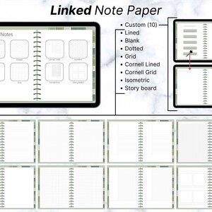Puede incluir: Una aplicaci&oacute;n de cuaderno digital con una variedad de estilos de papel para notas, que incluyen rayado, en blanco, punteado, cuadriculado, Cornell rayado, Cornell cuadriculado, isom&eacute;trico y guion gr&aacute;fico. La aplicaci&oacute;n se muestra en una tableta con un marco negro y un fondo blanco.