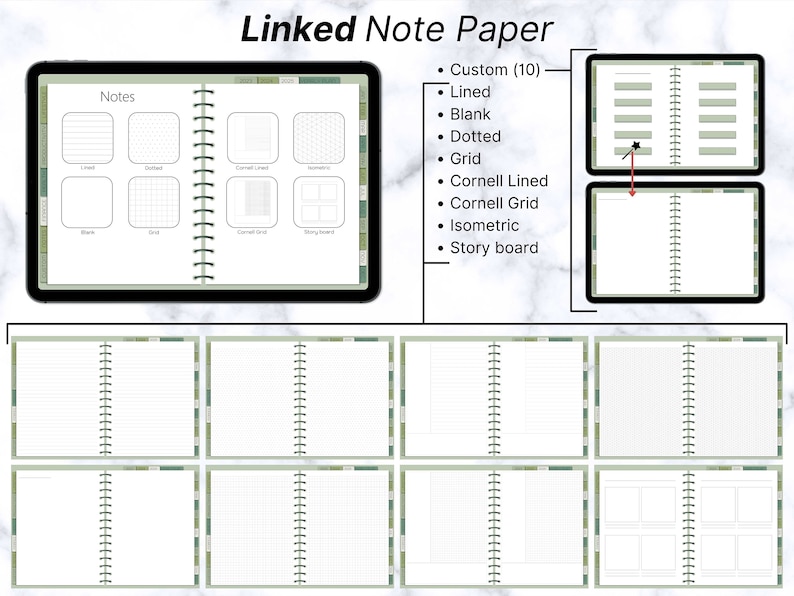 Puede incluir: Una aplicaci&oacute;n de cuaderno digital con una variedad de estilos de papel para notas, que incluyen rayado, en blanco, punteado, cuadriculado, Cornell rayado, Cornell cuadriculado, isom&eacute;trico y guion gr&aacute;fico. La aplicaci&oacute;n se muestra en una tableta con un marco negro y un fondo blanco.