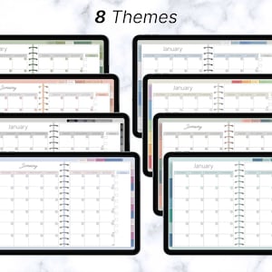 Puede incluir: Ocho temas diferentes de planificador digital para enero, cada uno con un esquema de color y un dise&ntilde;o &uacute;nicos. Las p&aacute;ginas del planificador presentan una cuadr&iacute;cula de calendario con espacio para notas y citas.
