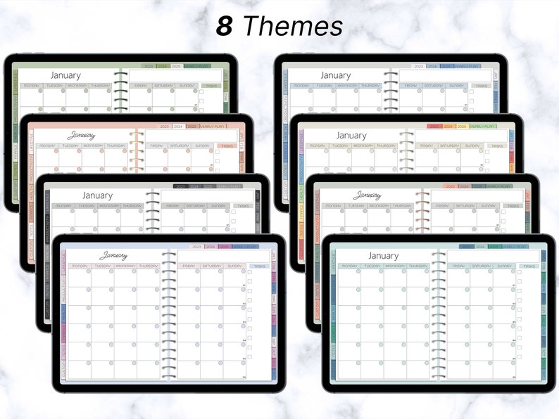 Puede incluir: Ocho temas diferentes de planificador digital para enero, cada uno con un esquema de color y un dise&ntilde;o &uacute;nicos. Las p&aacute;ginas del planificador presentan una cuadr&iacute;cula de calendario con espacio para notas y citas.