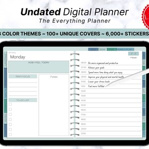 Puede incluir: Un planificador digital en una tableta con el texto "Undated Digital Planner" y "The Everything Planner". Incluye 8 temas de color, más de 100 cubiertas únicas y más de 6.000 pegatinas. El planificador muestra un horario diario.