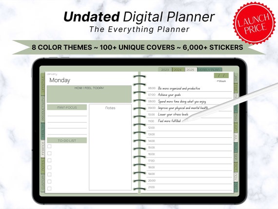 Digital Planner Undated, Monthly Digital Planner, iPad Goodnotes Notability Planner, Hyperlinked, Productivity Planner, Stickers, To Do List