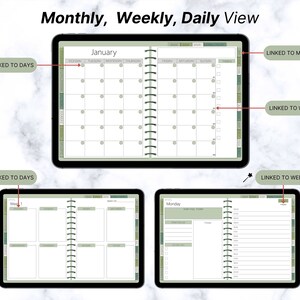 Puede incluir: Una interfaz de aplicaci&oacute;n de planificador digital con vista mensual, semanal y diaria. La aplicaci&oacute;n permite a los usuarios ver y administrar su horario en diferentes per&iacute;odos de tiempo.