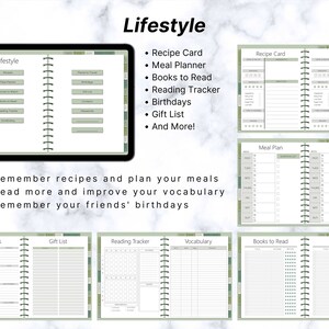 Puede incluir: Un planificador verde y blanco con encuadernaci&oacute;n en espiral. El planificador tiene secciones para recetas, planificaci&oacute;n de comidas, libros para leer, seguimiento de la lectura, cumplea&ntilde;os, lista de regalos y vocabulario. El texto "Lifestyle" est&aacute; impreso en la portada.