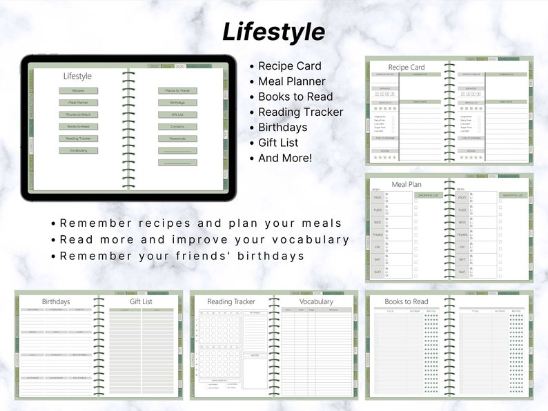 Puede incluir: Un planificador verde y blanco con encuadernaci&oacute;n en espiral. El planificador tiene secciones para recetas, planificaci&oacute;n de comidas, libros para leer, seguimiento de la lectura, cumplea&ntilde;os, lista de regalos y vocabulario. El texto "Lifestyle" est&aacute; impreso en la portada.