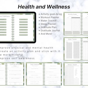 Puede incluir: Un planificador digital con un esquema de color verde y blanco. El planificador incluye secciones para objetivos de actividad, planificador de entrenamiento, seguimiento del agua, seguimiento del sue&ntilde;o, plan de gratitud, diario de gratitud y m&aacute;s. El planificador est&aacute; dise&ntilde;ado para ayudar a los usuarios a mejorar su salud f&iacute;sica y mental, crear un plan de actividad, ser m&aacute;s conscientes y mejorar la conciencia de s&iacute; mismos.