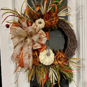 Fall Grapevine Wreath, Cream Pumpkin, Rust Peony Flowers