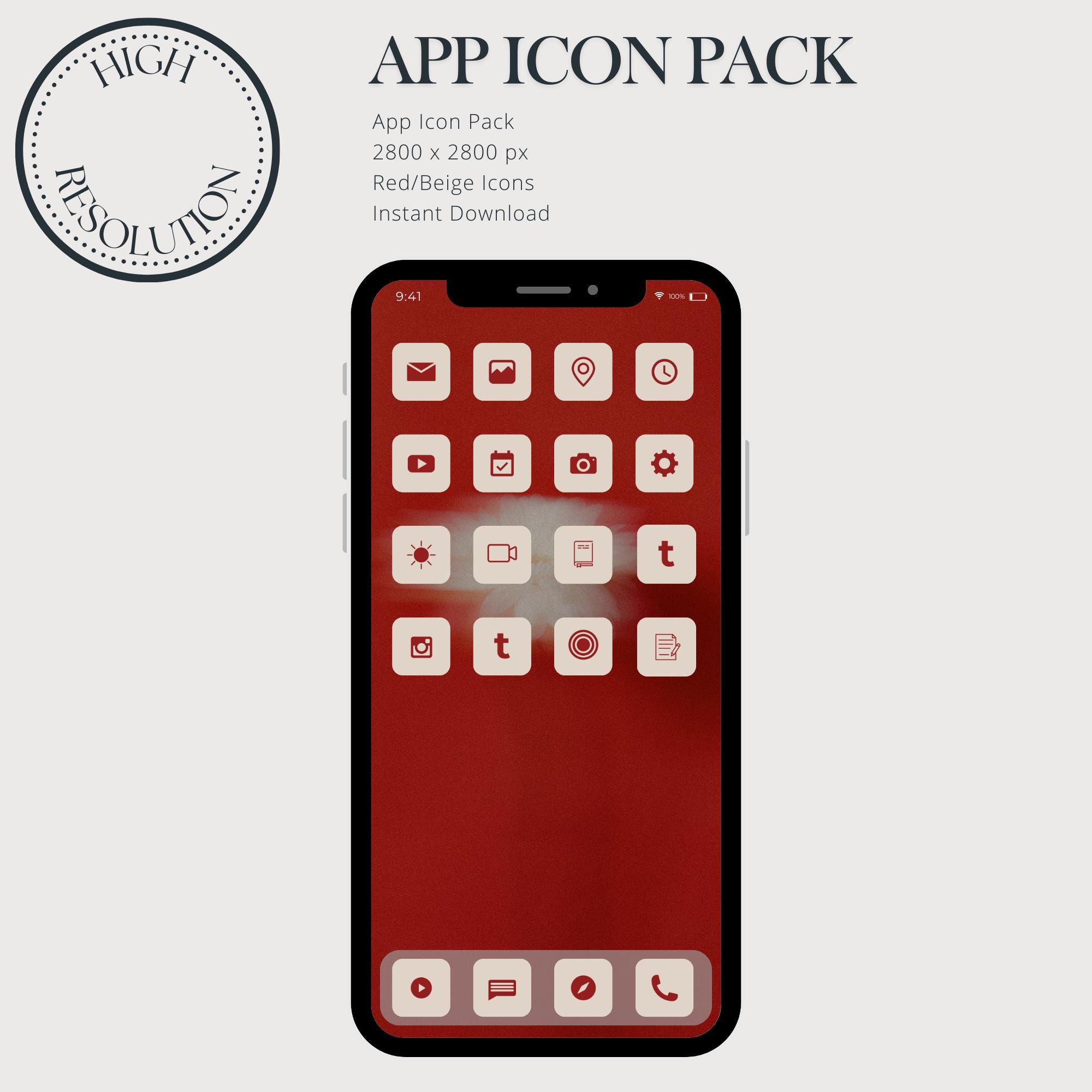 App Icon Pack, Icon Bundle, Minimalistic Icons, Red and Beige Apps ...