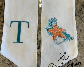 Monogrammed Starfish Wreath Sash, Embroidered Sash, Starfish Sash, Sash for Door, Front Door Bow, Personalized Sash, Summer Sash