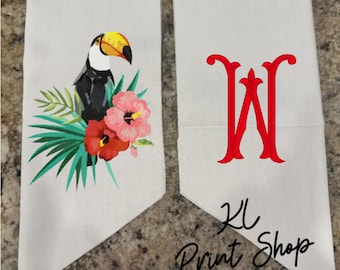 Monogrammed Sash, Embroidered Sash, Personalized Sash, Tucan Sash, Wreath Sash, Sash for Door, Summer Sash, Tropical Gift, Tropical Sash