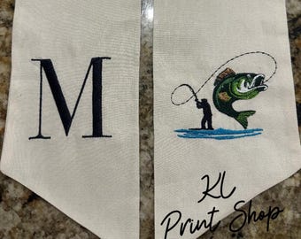 Embroidered Fishing Wreath Sash, Monogrammed Fishing Wreath Sash, Wreath Sash, Fishing Gift, Sash for Door, Bow for Door, Personalized Gift
