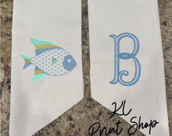 Monogrammed Wreath Sash, Embroidered Sash, Fish Sash, Beach Wreath Sash, Tropical Sash, Sash for Door, Wreath Ribbon, Summer Gift