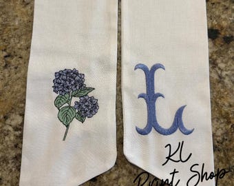 Monogrammed Hydrangea Wreath Sash, Spring wreath Sash, Front Door Bow, Spring Wreath Sash, Housewarming Gift, Mothers Day Gift, Embroidered