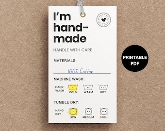 I'm Handmade Printable Care Tags Labels PD, Clothing Care Instructions Tag, Washing Instructions Care Card, Clothing Label Tag