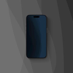 Peut inclure: Un smartphone noir avec un écran bleu foncé, sur un fond gris avec des motifs de vagues abstraites. Le téléphone a un design élégant avec une découpe pour la caméra en haut.