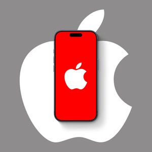 May include: A black smartphone with a red screen displaying a white Apple logo, set against a large white Apple logo on a gray background. The phone has a black border and a camera cutout at the top.