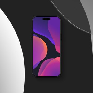 May include: A smartphone with a black frame and a screen displaying a vibrant abstract wallpaper featuring overlapping organic shapes in shades of purple, magenta, and orange against a dark background, with a pill-shaped cutout at the top center.
