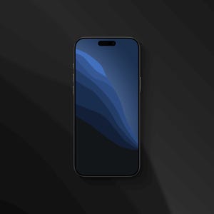 Op de afbeelding: Een zwarte smartphone met een donkerblauw scherm met een gelaagd golfontwerp. De telefoon heeft een strak, modern design met een zwart frame en een donkere achtergrond.