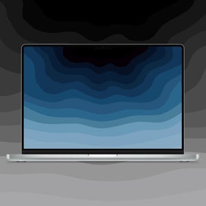 May include: A silver laptop with a thin black bezel and a screen displaying a digital graphic of layered, wavy blue and dark navy lines. The laptop has a metallic base and a centered webcam at the top of the screen frame, set against a dark background.
