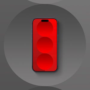 May include: A smartphone with a red gradient display featuring three circular shapes. The phone has a black border and a black camera cutout at the top. The background is a gradient of gray.