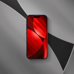 May include: A smartphone with a dark frame and a vibrant red screen display featuring overlapping circular shapes. The device has a pill-shaped cutout at the top center of the screen and thin, uniform bezels surrounding the display area.