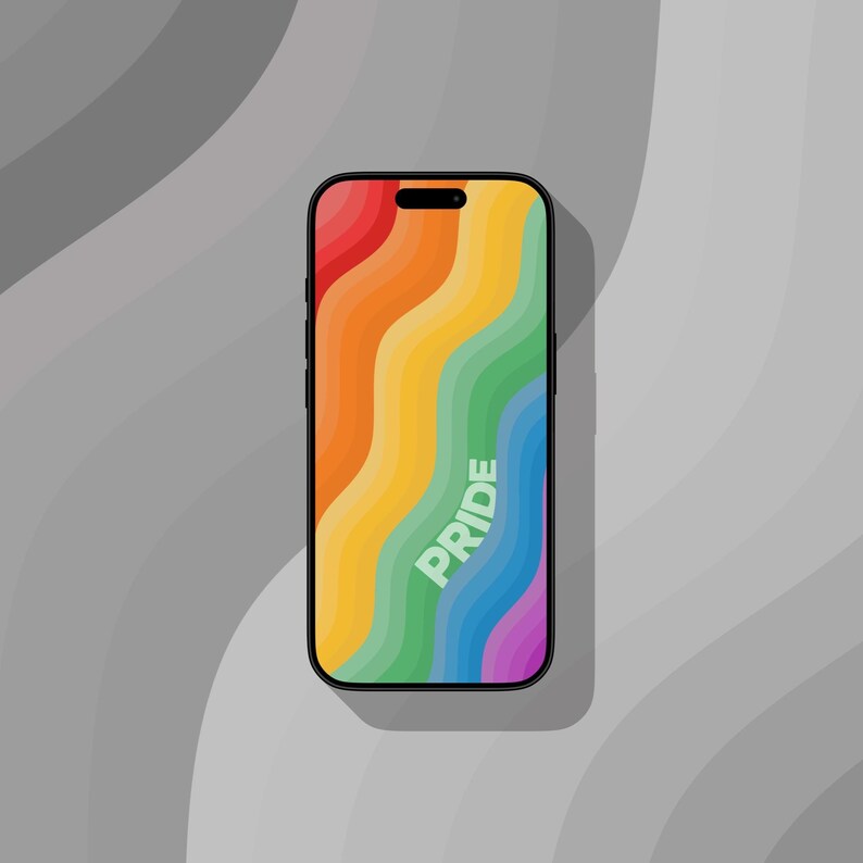 Puede incluir: Un smartphone negro muestra un dise&ntilde;o de ondas de arco&iacute;ris con la palabra "PRIDE" en verde. La pantalla presenta colores rojo, naranja, amarillo, verde, azul y morado. El fondo es un degradado de tonos grises.