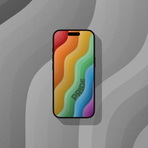 May include: A black smartphone with a rainbow wave design on the screen. The word "PRIDE" is vertically displayed in green. The background is a gray, wavy pattern.