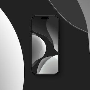 Peut inclure: Un smartphone noir avec un écran rectangulaire présentant un motif abstrait de vagues gris foncé et blanc. L'appareil possède un cadre noir fin, des coins arrondis et une petite découpe en forme de pilule en haut au centre de l'écran.