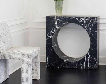 Abstract Art Marble Side Table 60 cm x 60 cm, Living Room Side Table, Marble Vase and Clock Table, Christmas Gift for Housewarming Gift