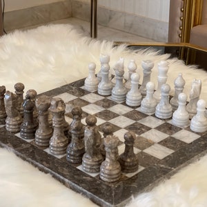 Premium Handmade Chess Set, Marble Chess Game, 30 cm x 30 cm Chess Board with Chess Pieces | Christmas Gift for Chess Lovers | Gray & White