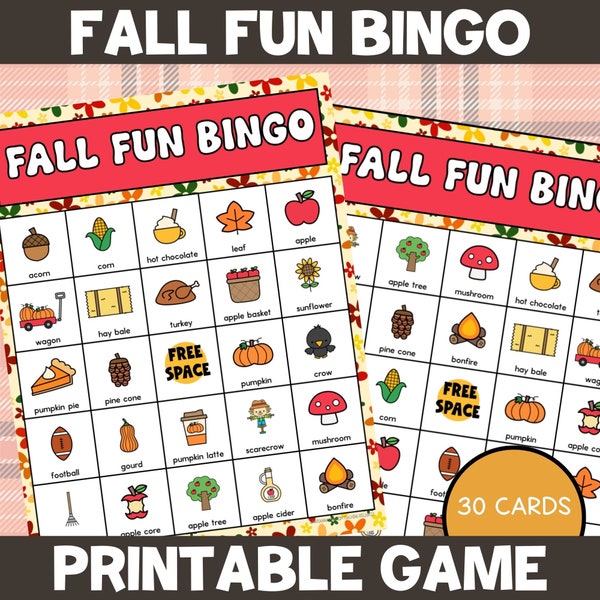 Fall Fun Bingo Activity for Students, Seasonal School Game, 30 Unique Cards with Tokens and Calling Card, Homeschool, Harvest Festival