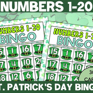 Pode incluir: Duas cartelas de Bingo do Dia de São Patrício com ilustrações de chapéus de duende verdes, cada uma exibindo os números de 1 a 20. As cartelas estão rotuladas como "NUMBERS 1-20 BINGO" e "ST. PATRICK'S DAY BINGO". A imagem também mostra "30 CARTAS".