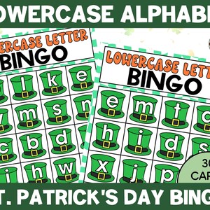 May include: Two St. Patrick's Day bingo cards with lowercase letters inside green leprechaun hats. The cards are labeled "Lowercase Letter Bingo" and "St. Patrick's Day Bingo". The cards have 30 cards.