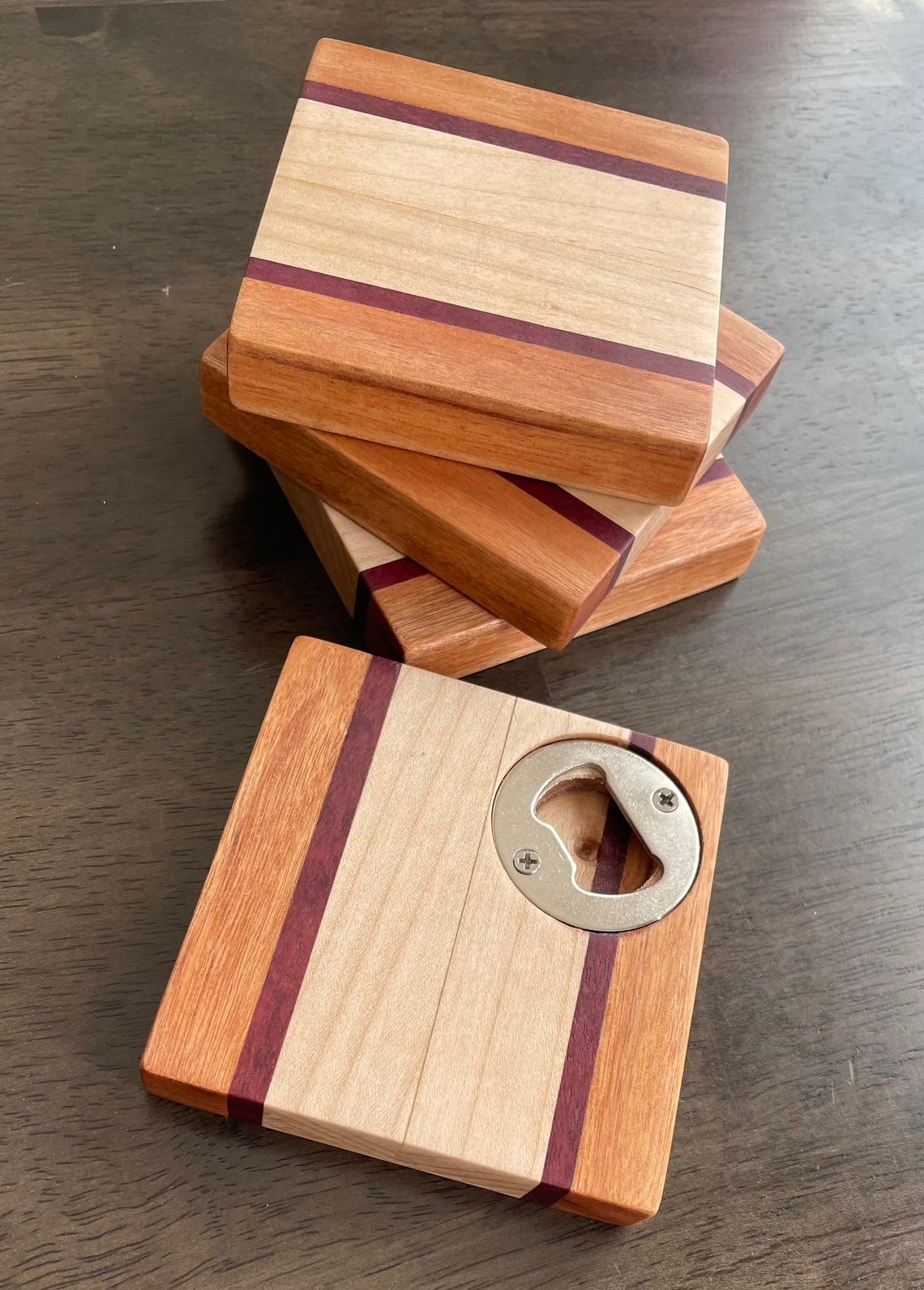 Wood Coasters With Bottle Opener Wood Coaster Set Etsy