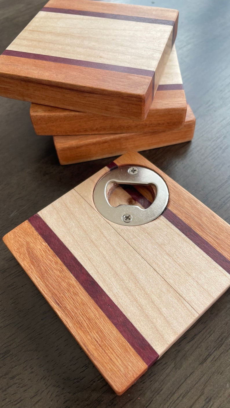 Wood Coasters With Bottle Opener Wood Coaster Set Etsy