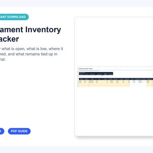 May include: A digital Filament Inventory Tracker spreadsheet template featuring a white background with teal accents. The text reads Filament Inventory Tracker, and includes a preview of a data table with columns for tracking material stock levels.