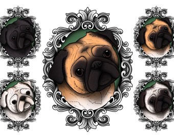 Pug Dog Antique Frame Pet Portrait Print (four colours available)