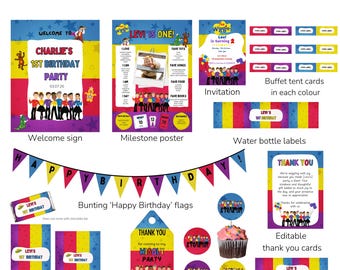 Décoration de fête modifiable Wiggles, fête Wiggles, anniversaire, numérique, modifiable, bricolage, téléchargement immédiat, invitation, pack de décorations Wiggles