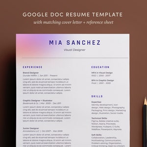 May include: A resume template designed for Google Docs, featuring a gradient background in shades of pink and purple. The template includes sections for experience, education, and skills. The name "MIA SANCHEZ" is displayed in a bold, blue font at the top of the page, with the title "Visual Designer" below it.