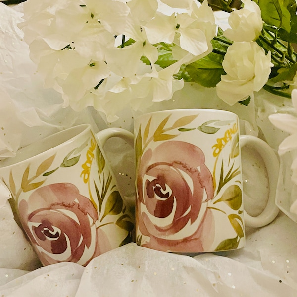 Decorated mugs with original watercolor artwork from Artist Angie Camp