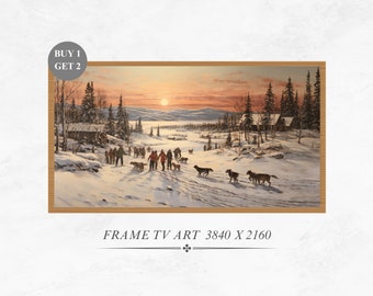 Winter Samsung Frame TV Art,  Alaskan dogs pull sledges in the snow Frame TV Art, Digital TV Art for Samsung, Holiday Decoration