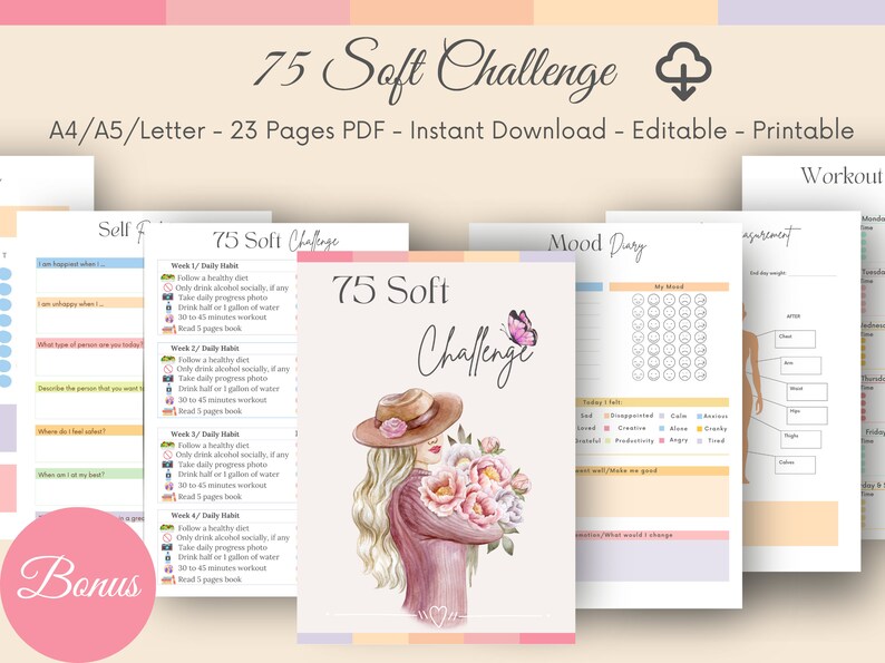 75 Soft Challenge Tracker Printable, 75 Hard, 75 Soft Challenge , 75 Soft, 75 Hard Challenge, Weight Loss Journal image 1