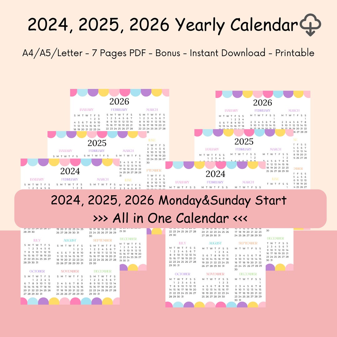 2024, 2025, 2026 Printable Yearly Calendar Bundle, Monday Start