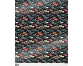 May include: A print featuring a repeating pattern of classic muscle cars in various colors, including red, blue, white, and gray. The cars are arranged in a grid-like formation, creating a visually dense and detailed design. The overall aesthetic is retro and automotive-themed.