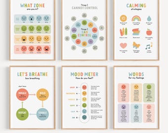 Puede incluir: Seis carteles imprimibles coloridos para ayudar a los niños a controlar sus emociones y aprender estrategias para calmarse. Los carteles incluyen un medidor de estado de ánimo, un gráfico de zonas, ejercicios de respiración, estrategias para calmarse y una lista de palabras para los sentimientos.