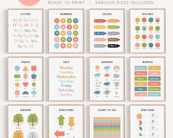 Educational Posters Set of 12, Homeschool Learning Prints and Charts, Classroom Decor, Montessori Toddler Room Wall Art