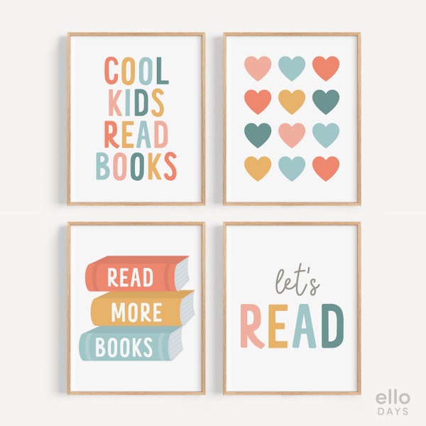 Classroom Reading Signs Poster Bundle Set of 4, Reading Corner Decoration, Homeschool Wall Decor, Playroom Art Prints