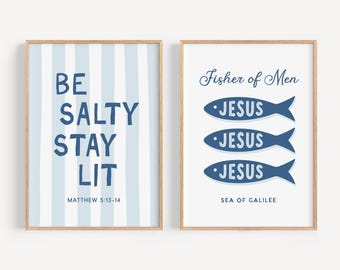 Christian Kids Wall Art Bundle, Jesus Fish & Be Salty Stay Lit Printable Nursery Decor, Blue Christian Room Decor Scripture Wall Art